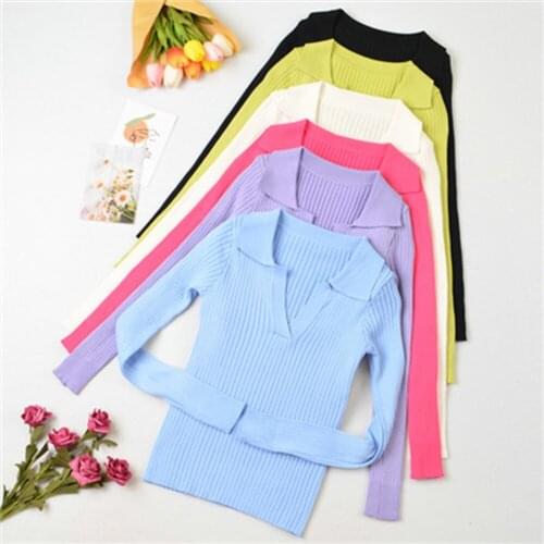 2021 Korean Knitted Woman Sweaters Autumn Slim Solid Long Sleeve Pullovers Sweater V-Neck Sexy Crop Tops Womens Clothes H640