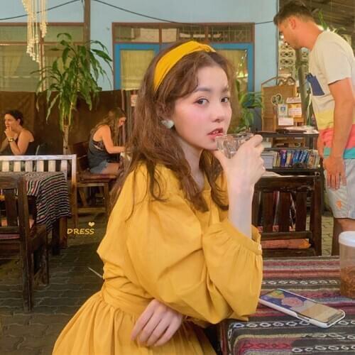 Women Spring Yellow Full Sleeve Vintage Long Dress High Waist Solid Color Brief Midi Sundress