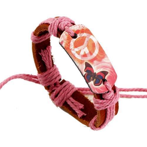 2019 Fashion Pink Color Beautiful Flower & Butterfly Shape Charm Leather Bracelets For Women Men Jewelry Peace Wholesale