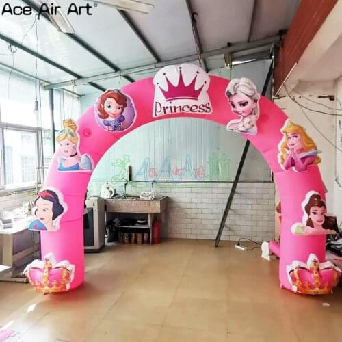 Customzied event decoration Princess theme Inflatable Arch,led lighting pink archway with cartoon characters For Event Entrance