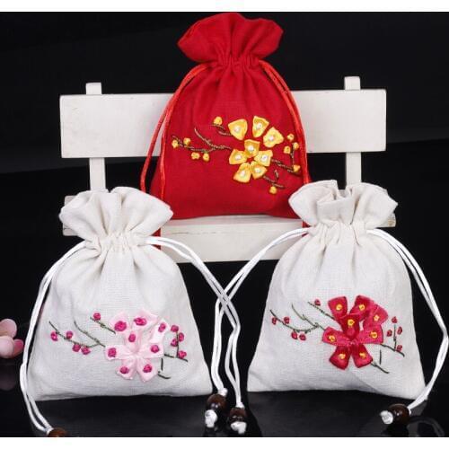 4.3x5.5 inch Handmade Ribbon Embroidery Cotton Linen Pouch Small Drawstring Bags Favor Bags Party Gift Bag Jewelry Packaging
