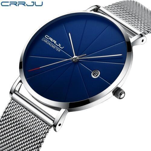 CRRJU Mens Watches New luxury Brand Men Fashion Sports Quartz-watch Stainless Steel Mesh Strap Ultra Thin Watches Gift Clock