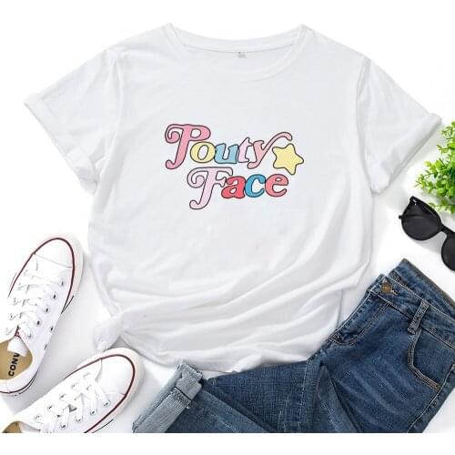 Pouty Face Graphic T-shirt Women Color Letters Tee Shirt Women Star Pattern White T Shirt Women Fashion Casual Camisas Mujer
