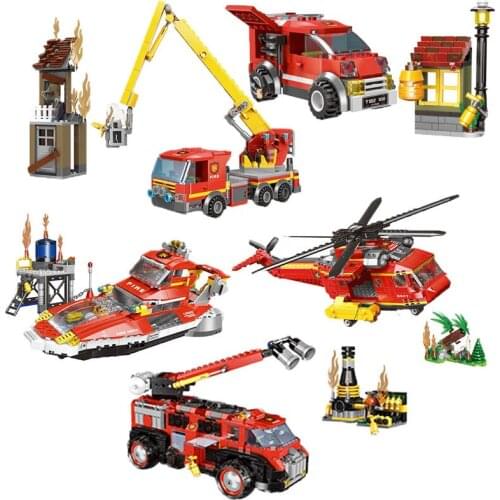 City Fire Blocks Fire Truck Fire Boat Fire Helicopter Fire Department Buiklding Blocks 3D Model Puzzle Toy For Kid Birthday Gift