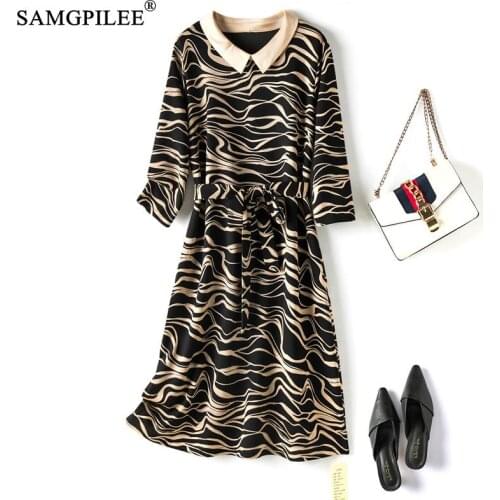 Cotton Black Vintage Autumn Dresses For Women Fashion Zebra Pattern Peter Pan Collar Stretch Comfortable Korean Style Dress 4XL