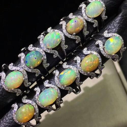 925 Sterling Silver Ring with 100% Real Natural Opal Oval 7x9mm Multicolor Opal Wedding Rings for Women Adjustable Rings Size
