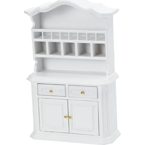 Bookcase Cabinet Furniture Kit Accessory Dollhouse Miniature Wood Suitable for 1:12 Dollhouse White Wooden Kitchen
