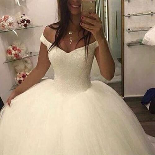 Charming Beaded Ball Gowns Wedding Dress 2021 Off Shoulder Tulle Vestidos De Novia Robe De Mariée Saudi Arabia Bride Gowns