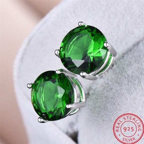 Luxury Female Natural Emerald Green Stone Earrings 925 Sterling Silver Stud Earrings For Women Small 8mm Round Wedding Earrings