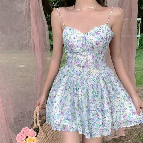 Sexy Strap Floral Dress Women Designer Korean Elegant Sweet Mini Dress Sleeveless Chiffon Slim Fairy Party Dress Summer 2021 New