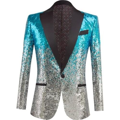 Silvery and Sky blue Sequin Shawl Collar Tuxedo Suit Blazer Men Wedding Groom Singer Prom Glitter Suit Jacket DJ Club Stage Blaz