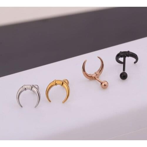 1 PCS Simple Small Ox Horn Shape Screw-back Ear Cartilage Stud Earring Vintage Stainless Steel Helix Piercing Ear Jewelry