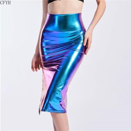 Chic Women Slim Long Holographic Laser Skirt High Waist Split Midi Skirts Office Lady Summer Sexy Knee Length Skirts Streetwear