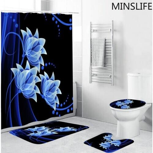Blue Transparent Flowers Bathroom Set Waterproof Shower Curtain Bath Mats Rugs Anti-slip Carpet Bathtub Toilet Screen Home Decor