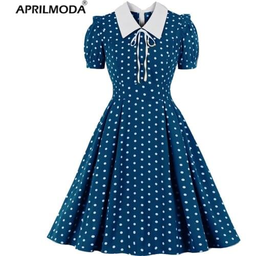 Blue Green Vintage Retro Chiffon Party Women Dress Polka Dots Print Turn Down Collar With Bow Rockabilly A Line Party Sundress