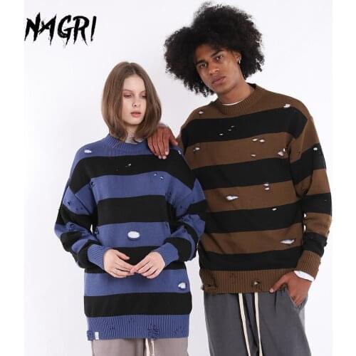 Crew Neck Sweaters 2020 Striped Pattern Winter Fashion Tops Ripped Hole Streetwear Pullover Jumper Knitted Sweater Female Male