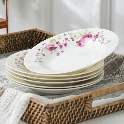 Wourmth Bone Porcelain Plates Creative Rural Flower Plate Western Steak Plate 8"10"Korean Soup Plate Deep Dish Can be Microwave