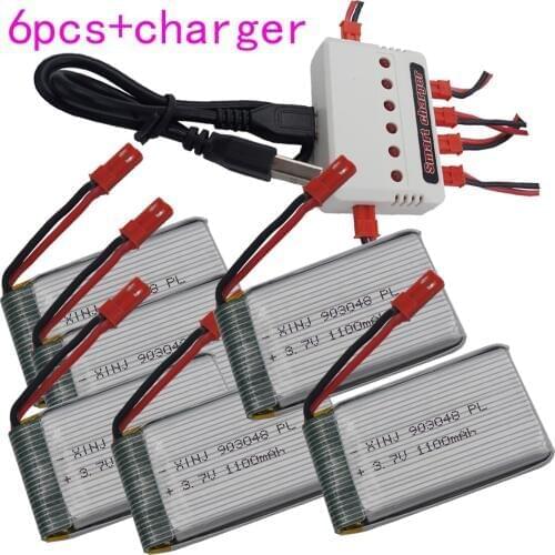 XINJ 6pcs+charger 3.7V 1100 mAh 25C Polymer Li-ion battery for Syma X5S X5SW X5SC BC590 JJRC H11C H11D RC Drone JST plug 903048