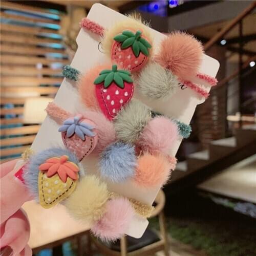 Cartoon strawberry Fur Ball Elastic Girl Womens Ponytail Holders Plush Ball Hair Ring Elastic Hair Rope Hair Tie Accessories