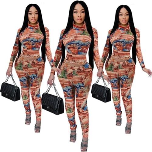RStylish Sexy Women Abstract Print Turtleneck Long Sleeve T-shirt Crop Tops Leggings 2021 Autumn 2 Piece Set