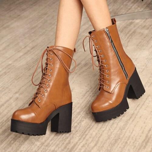 Sianie Tianie 2021 Winter Warm Fleece Lined Brown Black Lace-up Zipper Round Toe Platform Chunky High Heels Women Martin Boots