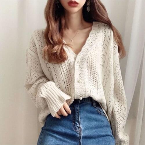 Women Sweater Retro Hollow Lazy Knit Cardigan Sweater Loose Crochet V-neck Single-breasted Jumpers Female Spring Summer