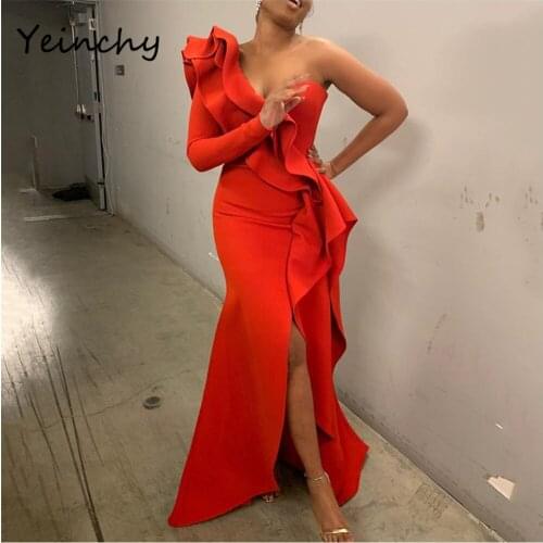 Yeinchy ladies V neck backless maxi ruffles PLUS size Dresses one long Sleeve bodycon split Party floor length Dresses FM6199