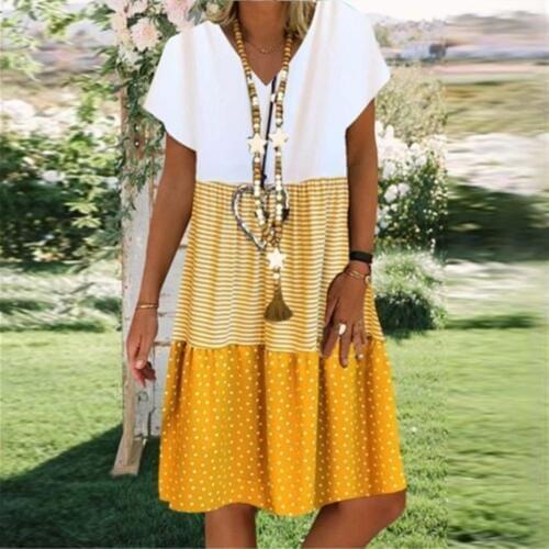 Women Boho V Neck Short Sleeve Stripes Dots Patchwork Loose Knee-length Dress