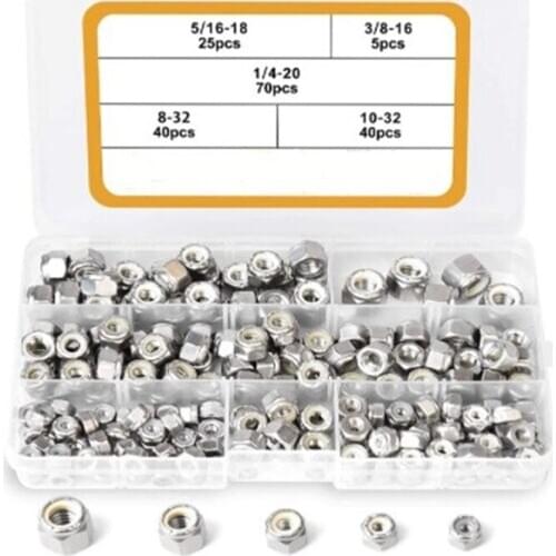 180PCS 1/4-20 5/16-18 3/8-16 8-32 10-32 Lock Nuts Nylon Insert Nut Assortment Kit, 304 Stainless Steel Hex Locknuts
