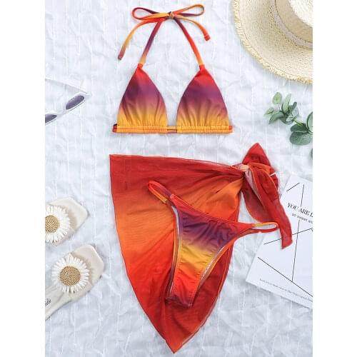 New 2021 Sexy Halter Tie Dye bikini Women Swimsuit Female Swimwear 3 pieces Bikini set Mesh Skirt Beachwear Bathing suit Swim