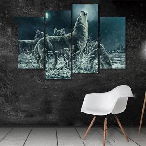 4 Pcs Canvas Painting Pictures for Wall Poster HD Print Gray Wolf Under The Moon Night Scenery Wall Art for Living Room Decor