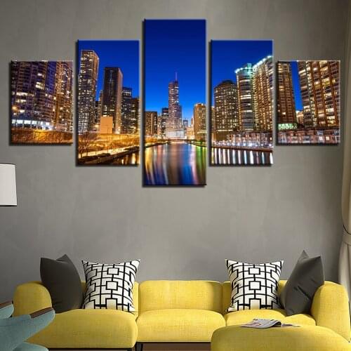 Canvas City Building Nightscape Pictures Wall Art 5 Pieces Lake Tree Poster Printed Home Decor For Living Room Modern Artwork
