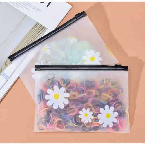 500Pcs/Lot Korean Zipper Bag Small Daisy Pattern Bag Packaging Translucent Frosted Make Up Storage Bag Hairring Pen Bag