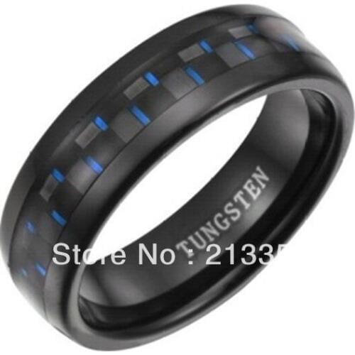 Free Shipping Buy Cheap Price Jewelry USA Brazil Russia HOT Selling 8MM Mens Black&Blue Fiber Inlay Black Tungsten Wedding Ring