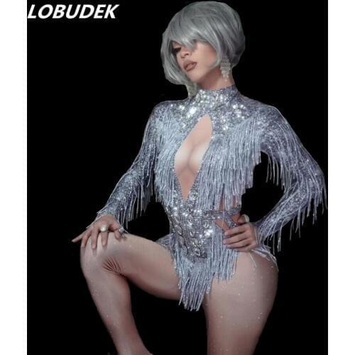 Sparkly Rhinestones Silver Fringed Skinny Jumpsuit Sexy Crystals Tassels Elastic Leotard Occident Nightclub Singer Stage Costume