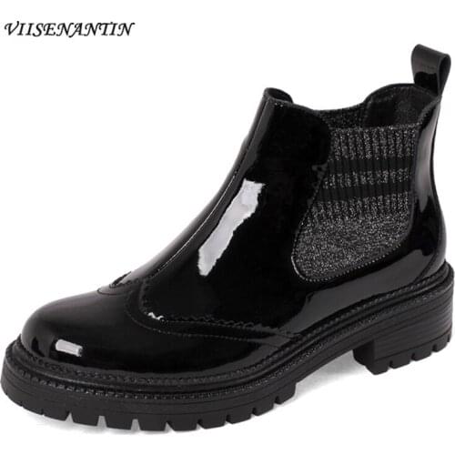 Round Toe Thick-soled Stitching Elastic Martin Boots Single Boots Patent Leather Medium Thick Heel Chelsea Boots Ankle Boots