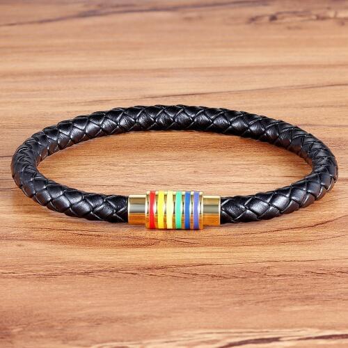 TYO Gold/Steel Color Colorful Geometric Pattern Genuine Leather Bracelet With Magnetic Clasp Bangle Classic Birthday Gift