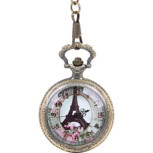 Large Craved Exquisite Flower Pattern Transparent Lid Eiffel Tower White Surface Pocke Watch with Chain