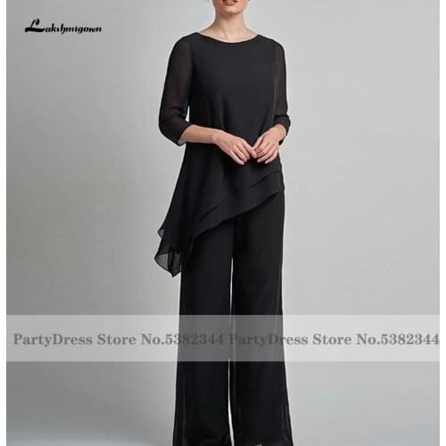 Black Chiffon Pantsuits Mother of the Bridal Wedding 2021 Two Piece Vestido Blanco Simple Evening Party Gowns Plus Size