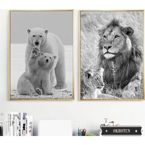 Black White Lion Polar Bear Photo Print Poster Animal Parent-Child Canvas Painting Wall Art Pictures Nordic Modern Home Decor