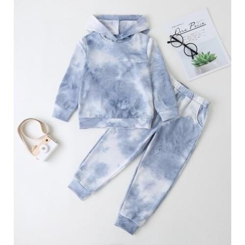 Childrens Clothing Boys Girls Tie Dye Long Sleeve Blue Hooded Sweater Blue Pants Fashion Style Set 2021 Spring Autumn New