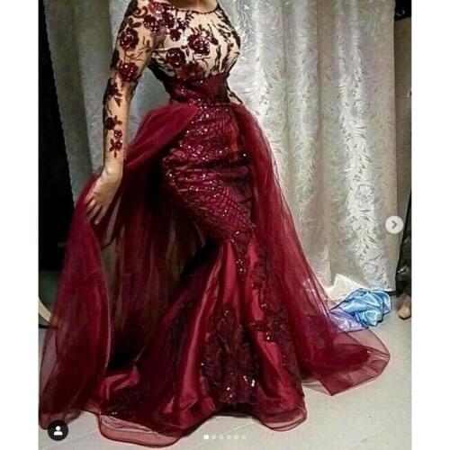 Brand New Evening Dresses Removable Skirt Arabian Evening Dress Burgundy Robe De Soiree 3D Flowers Long Evening Gown Elegant
