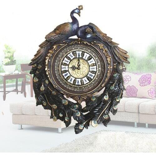 Hot sales peafowl ultra-quiet clocks silent retro relogio de parede wedding home decorations peacock rich vintage wall clocks