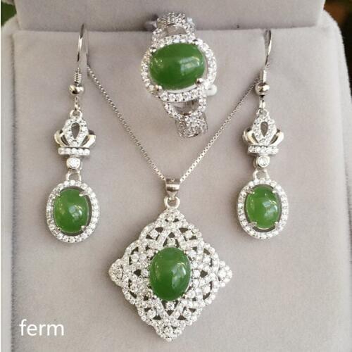 KJJEAXCMY exquisite jewelry 925 pure silver inlaid natural jade Girl Jewelry Set Ring Pendant Earrings 4 sets