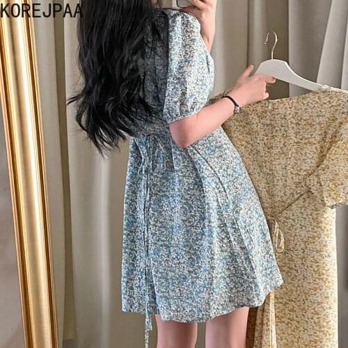 Korejpaa Women Dress 2021 Summer Korean Chic Ladies Sweet Western Style V-Neck Slimming Lace-Up Waist A-Line Floral Vestidos