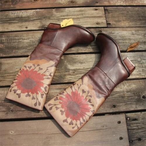 Handmade Leather Knee High Boots Block Heel Biker Boots Retro Flowers