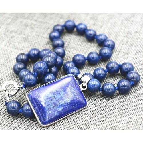 Beautiful 10MM blue Lapis Lazuli Beads & Cube Pendant Necklace 18 "