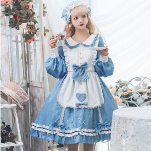 Sweet lolita maid dress vintage falbala lace bowknot o-neck high waist victorian dress kawaii girl gothic lolita op loli cosplay