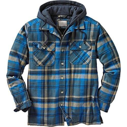 Newly Quilted Thick Plaid Long-Sleeved Loose Jacket Mens Hoodie Quilted Lined Flannel Hooded Full-Zip Shirt Jacket