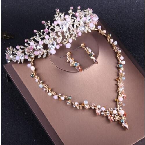 Baroque Gold Pink Crystal Tiara Crowns Necklace Earrings Set Simulated Pearl Bridal Jewelry Sets For Women Wedding Accessories